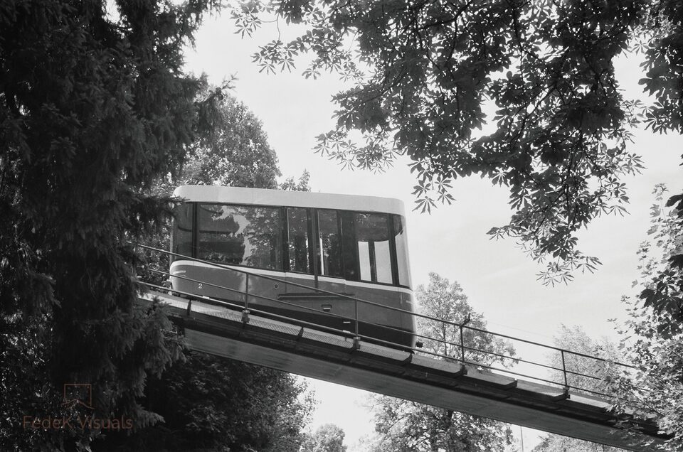 Black and white: the Polybahn funicular carriage crossing its bridge through summer trees.