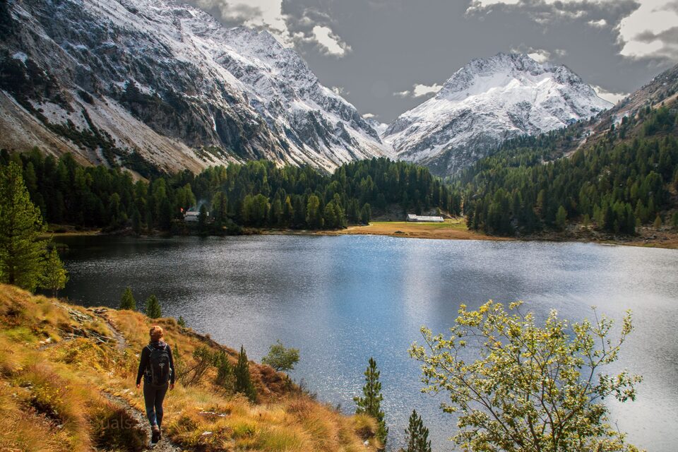 A hiker on the shore of a clear alpine lake ringed by snow-streaked peaks and dark pines.
